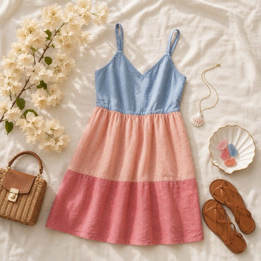 Cynthia Rowley Linen Colorblock Midi Dress Pink Blue Coastal Cottagecore M